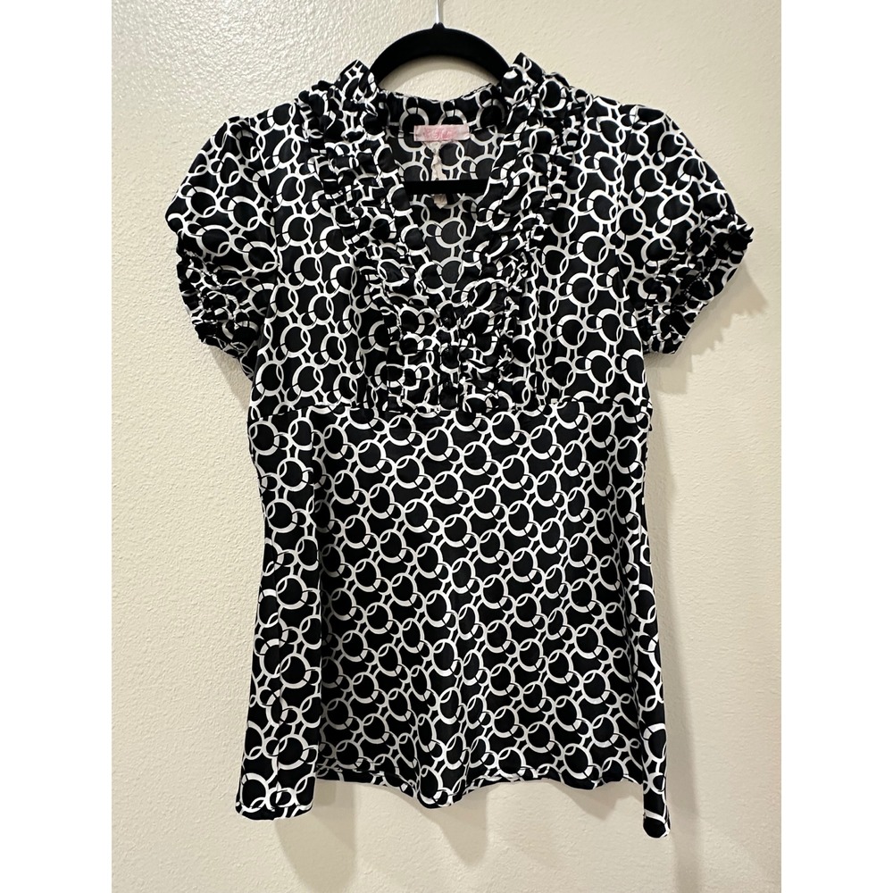 Halo Womens Black White Geometric Chain Link Ruffle Neck Satin Blouse Small